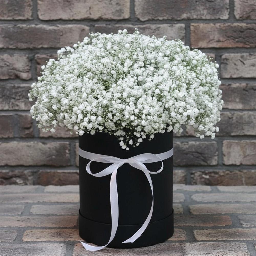 Цветочная композиция из Гипсофила в шляпной коробке в Семено-Александровке