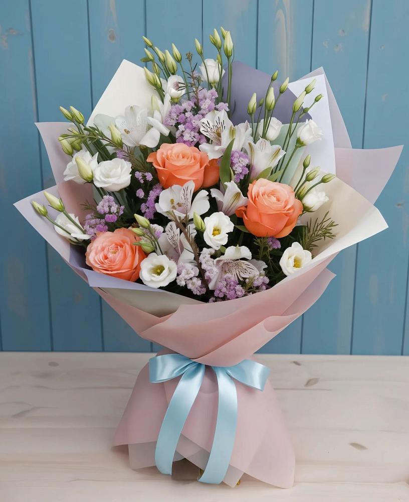 Букет цветов из: Лизиантусы, Розы, Альстромерии и Гипсофила в Семено-Александровке