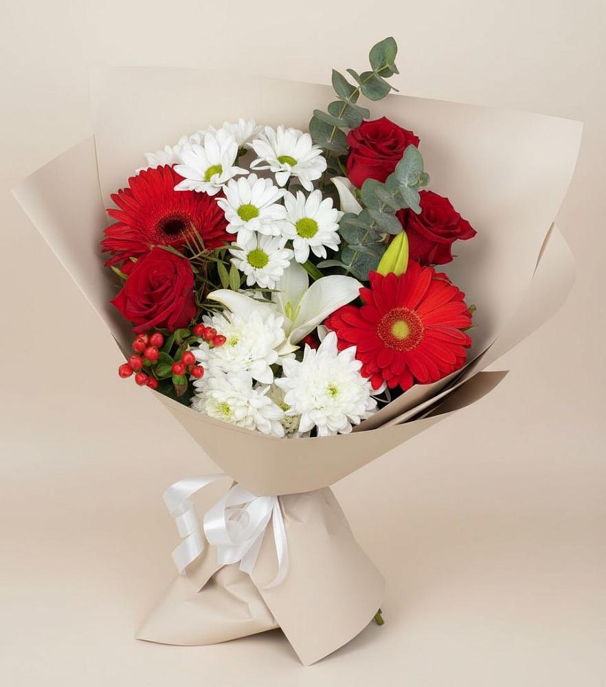 Букет цветов из: Розы, Хризантемы, Герберы и Лилии в Семено-Александровке