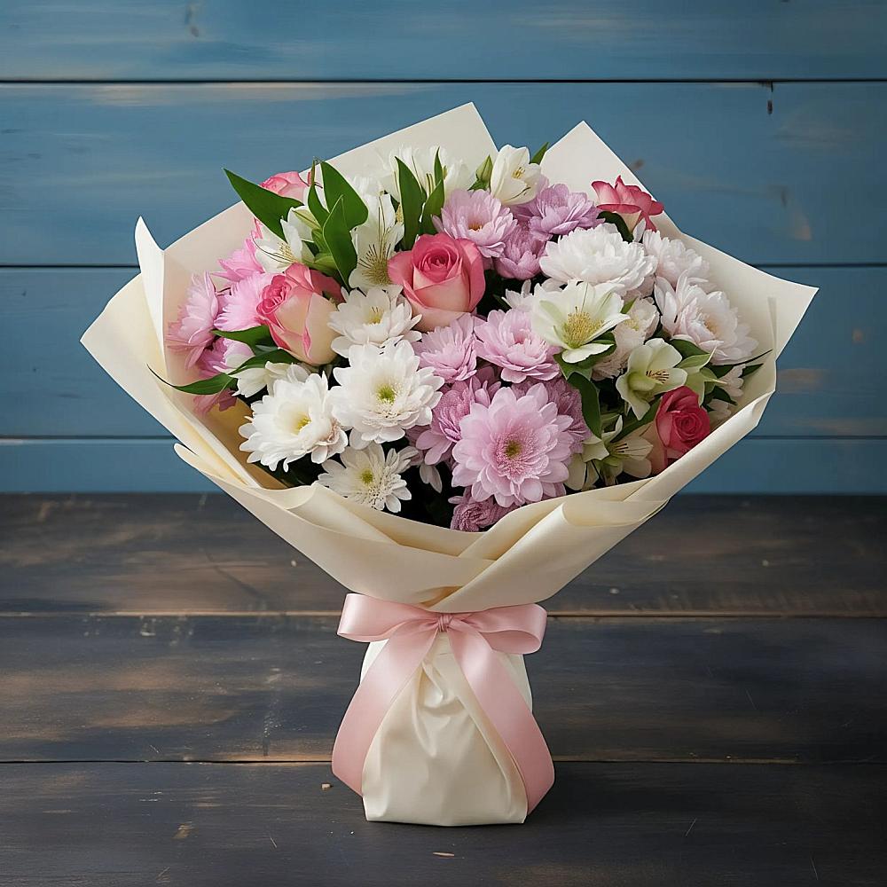 Букет цветов из: Хризантемы, Альстромерии и Розы в Семено-Александровке